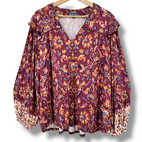 New Democracy Ruffle Collar Floral Print Knit Shirt Plus Size 3X Berry Purple - Picture 1 of 11